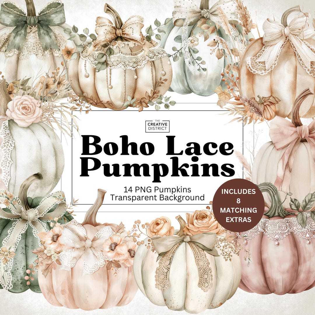 Watercolor Boho Lace Pumpkin Clipart Bundle Neutral Coquette Fall Pngs ...