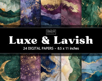 Alcohol Ink Jewel Tone Backgrounds with Gold Accents Luxe & Lavish Digital Paper Pack Elegant Scrapbook Marble Printable Junk Journal Pages