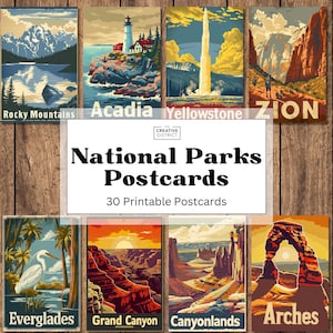 National Park Printable Postcards Bundle – 30 WPA-Style Vintage Travel Cards – Retro USA Park Art for Journaling, Scrapbooks & Wall Decor