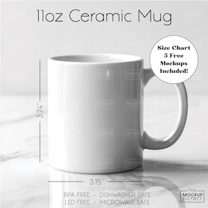 Tabla de tallas de taza blanca Guía de tallas de taza de 11 oz Maqueta de tallas de taza de café Tabla de productos minimalistas Descripción del producto de taza de cerámica de 11 oz