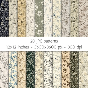 May include: A collection of 20 JPG floral patterns, each 12x12 inches. The patterns feature various floral designs in shades of blue, green, beige, and brown. The image includes text that reads "20 JPG patterns" and "12x12 inches - 3600x3600 px - 300 dpi."