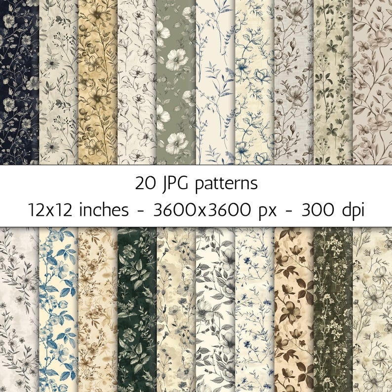 May include: A collection of 20 JPG floral patterns, each 12x12 inches. The patterns feature various floral designs in shades of blue, green, beige, and brown. The image includes text that reads "20 JPG patterns" and "12x12 inches - 3600x3600 px - 300 dpi."