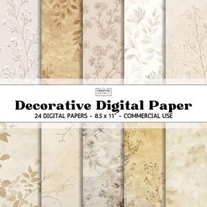 Peut inclure: Une collection de papiers numériques décoratifs avec des motifs floraux et botaniques aux tons neutres. Les papiers mesurent 21,59 cm x 27,94 cm et sont destinés à un usage commercial. Le texte "Decorative Digital Paper" et "24 DIGITAL PAPERS - 8.5 x 11" - COMMERCIAL USE" est inclus.