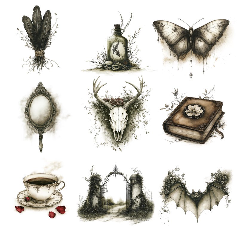 May include: A set of nine black and white illustrations featuring various gothic and macabre imagery, including a skull with antlers, a book with a flower, a bat, a mirror, a bottle with a skull, a gate, a cup of coffee, and a feather bundle.
