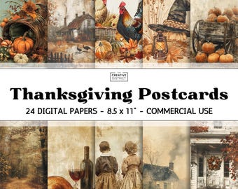 Puede incluir: Postales de Acción de Gracias con ilustraciones de estilo vintage. Las imágenes presentan calabazas, una cornucopia, un gallo, un sombrero de bruja y un carro rústico lleno de calabazas. El texto dice "Thanksgiving Postcards" y "24 Papeles Digitales - 21,6 x 27,9 cm - Uso Comercial."