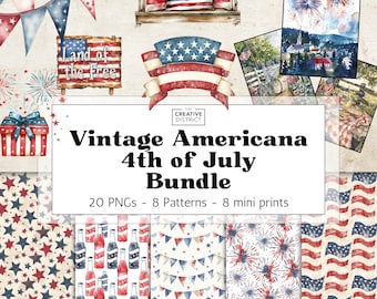 Paquete de imágenes prediseñadas de estilo vintage americano para el 4 de julio, PNGs patrióticos, patrones, impresiones en papel digital, gráficos retro de acuarela de EE. UU.