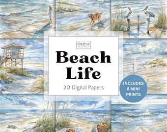 Watercolor Beach Digital Paper Pack, Coastal Scrapbook Papers, Beach Junk Journal Pages, Ocean Art Prints, Digital Download