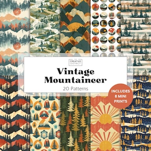 Pacote de padrões de alpinistas vintage – designs retrô de florestas montanhosas, 20 papéis, 8 mini impressões, papel digital para artesanato e diários