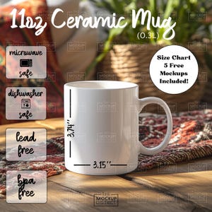 Tabla de tamaños de taza blanca de 11 oz Guía de tamaños de tazas Maqueta de tamaños de taza de café Tabla de productos minimalistas Listado de productos de cerámica de 11 oz