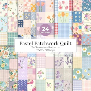 Puede incluir: Una colección de 24 patrones de edredón de patchwork pastel sin costuras. Los patrones presentan diseños florales, de cuadros y otros en colores suaves. El texto de la imagen dice "Pastel Patchwork Quilt" y "24 Seamless Patterns 12x12 • 300 dpi."