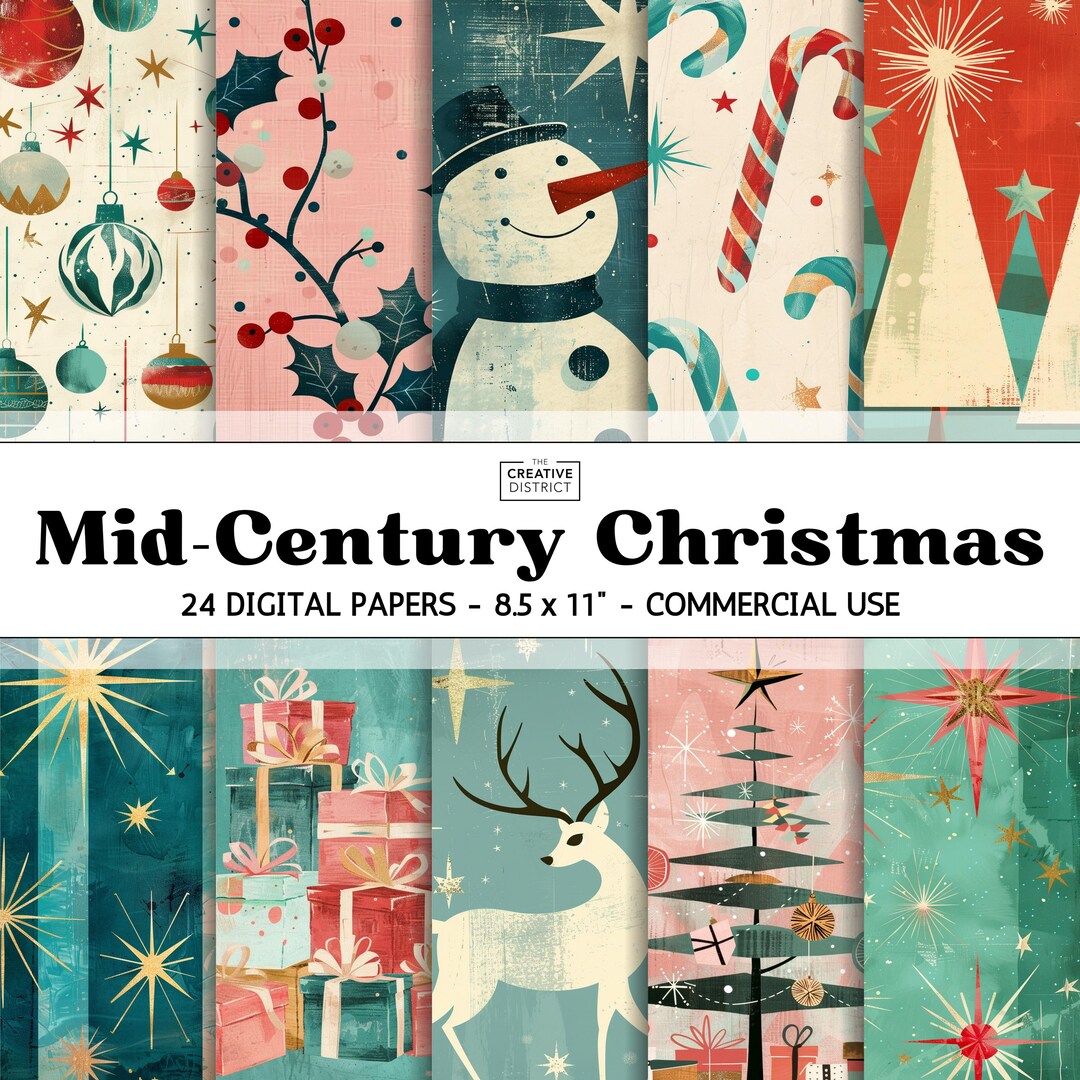 Vintage Style Mid-century Christmas Digital Paper Pack Retro Holiday ...