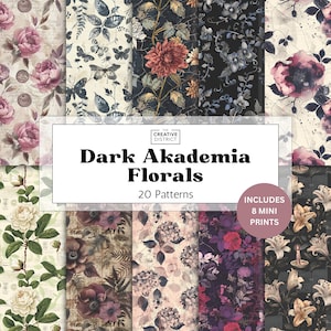 May include: A collection of 20 floral patterns with dark academia themes. The designs feature various flowers, butterflies, and botanical elements in shades of burgundy, cream, and navy. Includes 8 mini prints.