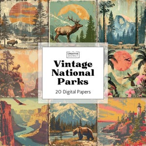 Digitale papieren bundel National Parks – 20 vintage wildernis natuur – retro bergbos natuurkunst voor scrapbooking en tijdschriften