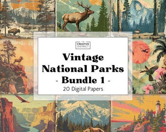 National Parks Digital Paper – Bundle 1 of 3 – 20 Vintage Wilderness Nature – Retro Mountain Forest Wildlife Art for Scrapbooking & Journals