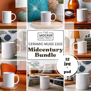 May include: A set of 12 mid-century style white ceramic mugs, each holding 11 ounces. The mugs are shown in various settings, including a living room, a home office, and a bedroom. The text "THE MOCKUP DISTRICT CERAMIC MUGS 11OZ Midcentury Bundle 12 jpg + psd" is displayed in the center of the image.