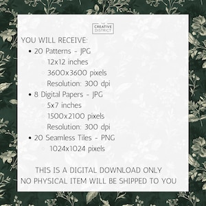May include: A digital download graphic with a dark green floral background. The white text lists 20 patterns, 8 digital papers, and 20 seamless tiles. The patterns are 12x12 inches, the papers are 5x7 inches, and the tiles are 1024x1024 pixels.