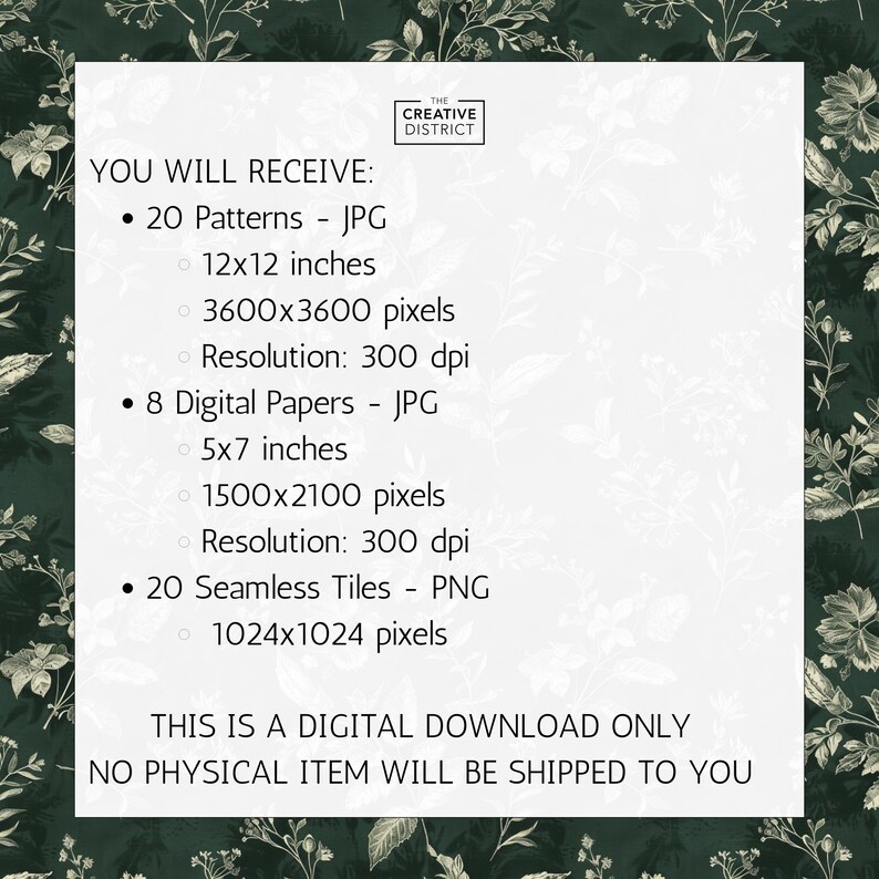 May include: A digital download graphic with a dark green floral background. The white text lists 20 patterns, 8 digital papers, and 20 seamless tiles. The patterns are 12x12 inches, the papers are 5x7 inches, and the tiles are 1024x1024 pixels.