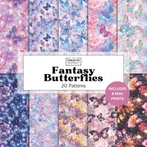 Lot de motifs papillons fantaisie, ailes scintillantes et fleurs pastel, mini impressions pour sublimation, décoration numérique fantaisiste et rêveuse