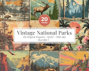 National Parks Digital Paper Bundle, Retro Outdoor Scrapbook Paper, Junk Journal Pages, Hiking Camping Nature Wilderness Printables