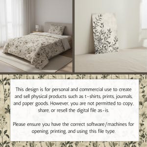 May include: A bedroom set featuring a beige comforter and pillow with a floral pattern. A matching artwork with a botanical design leans against the wall. The image also includes text about the design's permitted use.