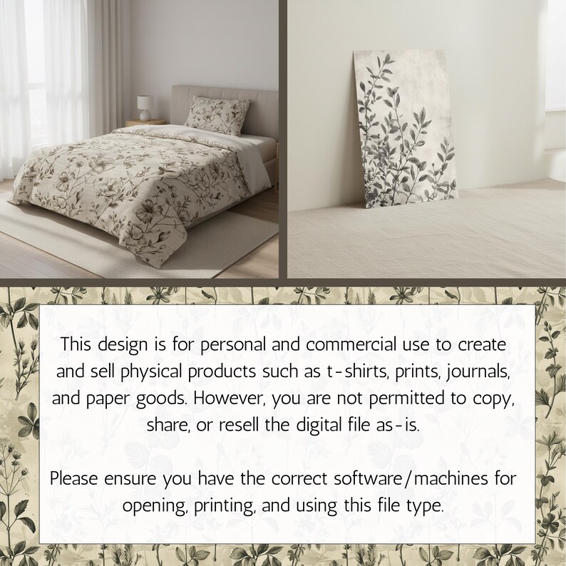 May include: A bedroom set featuring a beige comforter and pillow with a floral pattern. A matching artwork with a botanical design leans against the wall. The image also includes text about the design's permitted use.