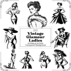 Archivos PNG SVG de imágenes prediseñadas de damas glamurosas vintage, bocetos de moda retro, ilustraciones de belleza, arte lineal femenino en tinta negra, imprimible, listo para Cricut