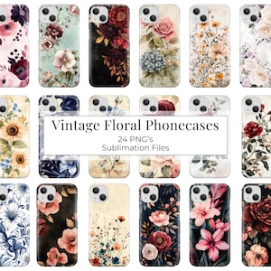 Vintage blommiga telefonskal i PNG – 24 sublimerade telefonskaldesigner – Utskrivbara retroblommönster för gör-det-själv-presenter och presentpåsar