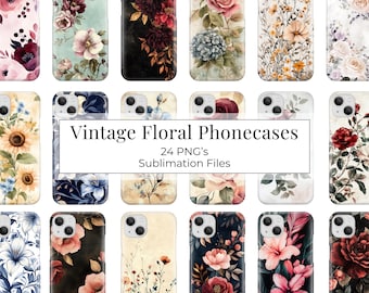 Vintage Floral Phone Wraps PNG – 24 Sublimation Phone Case Designs – Printable Retro Flower Patterns for DIY Gifts & POD Sellers