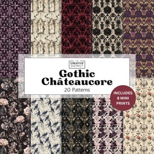 May include: A collection of 20 Gothic Châteaucore patterns in various designs. The patterns include floral, architectural, and ornamental motifs in shades of burgundy, black, cream, and purple. The image also includes a circle that says "Includes 8 Mini Prints".