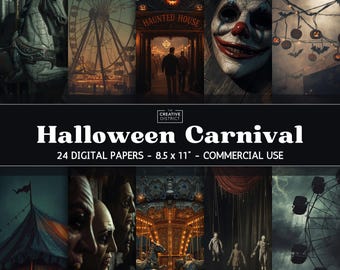 Spooky Halloween Carnival Digital Papers Haunted Carnival Tents, Creepy Carousels & Eerie Midway Scenes Moody Printable Backgrounds