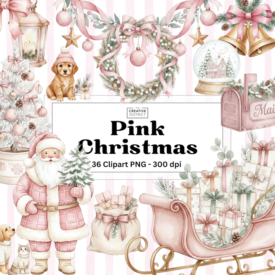 Pink Christmas Watercolor Clipart Set, Elegant Vintage Holiday Pngs ...