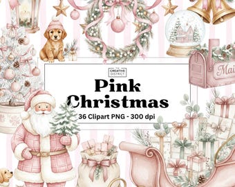 Pink Christmas Watercolor Clipart Set, Elegant Vintage Holiday PNGs. Soft Blush & Gold Christmas Illustrations, Cozy Noël Decor Art