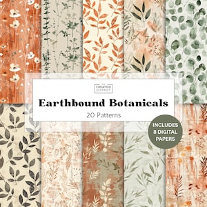 May include: A collection of digital papers featuring botanical designs. The papers showcase various patterns of leaves, flowers, and foliage in shades of orange, green, and beige. The text "Earthbound Botanicals" and "20 Patterns" are displayed.