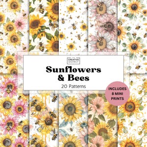 ひまわりとミツバチのデジタルペーパー - 花柄背景 + ミニプリント - イエローピンクの花柄パステル - 自然水彩画ミツバチのジャンクジャーナルセット