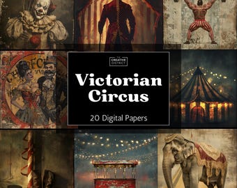 Victorian Circus Digital Paper – 20 Vintage Carnival Backgrounds – Gothic Grunge Circus Tent Aesthetic for Halloween Crafts & Junk Journals