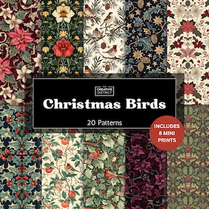 May include: A selection of 20 Christmas-themed patterns showcasing birds, poinsettias, holly, and other festive designs. The patterns are in various colours, including red, green, and gold. The text "Christmas Birds" is displayed, along with the number of patterns and the inclusion of mini prints.