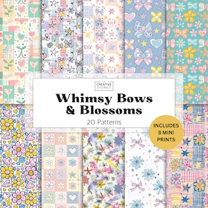 Noeuds fantaisistes et fleurs papier numérique motifs sans couture mini impressions floral doodle patchwork pastel fleurs noeuds coquette ensemble de cliparts ludiques