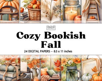 May include: A collection of digital papers with a cozy fall theme. The image features illustrations of pumpkins, apples, books, candles, and fall foliage. The text reads "Cozy Bookish Fall" and "24 Digital Papers - 8.5 x 11 inches."