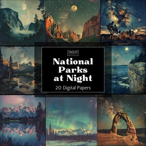 Parques Nacionais à Noite em Papel Digital – 20 Fundos de Paisagens Retrô – Florestas, Montanhas e Céus ao Luar – Diários de Lixo e Scrapbooking
