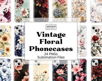 Vintage Floral Phone Wraps PNG – 24 Sublimation Phone Case Designs – Printable Retro Flower Patterns for DIY Gifts & POD Sellers