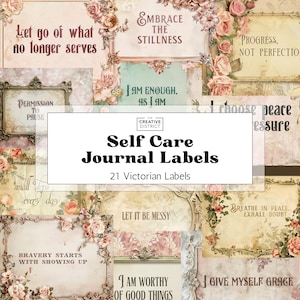 Victoriaanse shabby-chic zelfverzorgingslabels – 20 afdrukbare stickerlabels voor dagboeken met inspirerende citaten – kortstondige vintage junk-dagboek