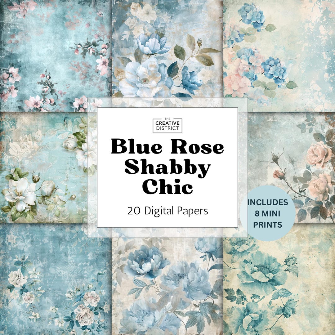 Blue Rose Shabby Chic Digital Paper Floral Backgrounds Vintage Art ...