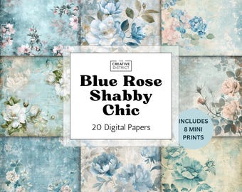 Blue Rose Shabby Chic Digital Paper Floral Backgrounds Vintage Art Prints Distressed Cottagecore Scrapbook Paper Junk Journal Blue Theme