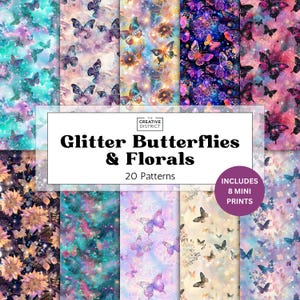 Lot de fleurs et papillons scintillants - Fonds de galaxie pastel, ailes de mandala, étoiles, mini impressions scintillantes - Ensemble de motifs numériques