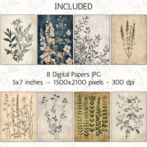 May include: Eight digital papers featuring botanical illustrations. The images showcase various floral and plant designs in shades of black, white, and muted colors. The text "INCLUDED" is at the top. Each paper is 5x7 inches.