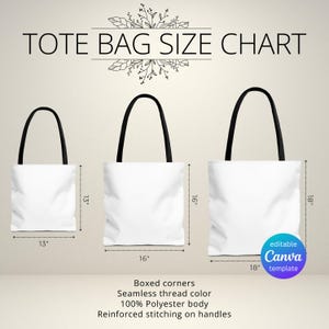 AOP Tote Bag Sizing Guide Canva Template Editable Bag Measurement Chart Minimalist Sizing Table for Beach Shopping and Canvas Bags