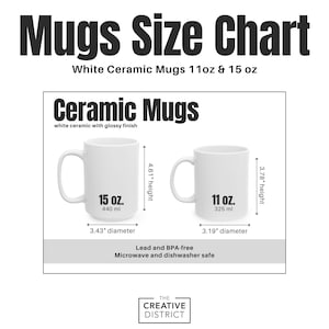 Tabla de tallas de tazas, tabla de colores de tazas, tazas con detalles, tamaño de cápsula, guía de tazas de Printify, taza de cerámica blanca de 11 oz