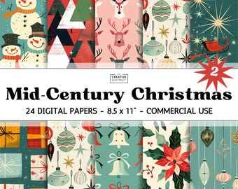 Pode incluir: Uma coleção de 24 papéis digitais com tema de Natal de meados do século. Os papéis apresentam padrões festivos, incluindo bonecos de neve, árvores de Natal, renas, ornamentos e caixas de presente. Cada papel mede 21,6 x 27,9 cm.