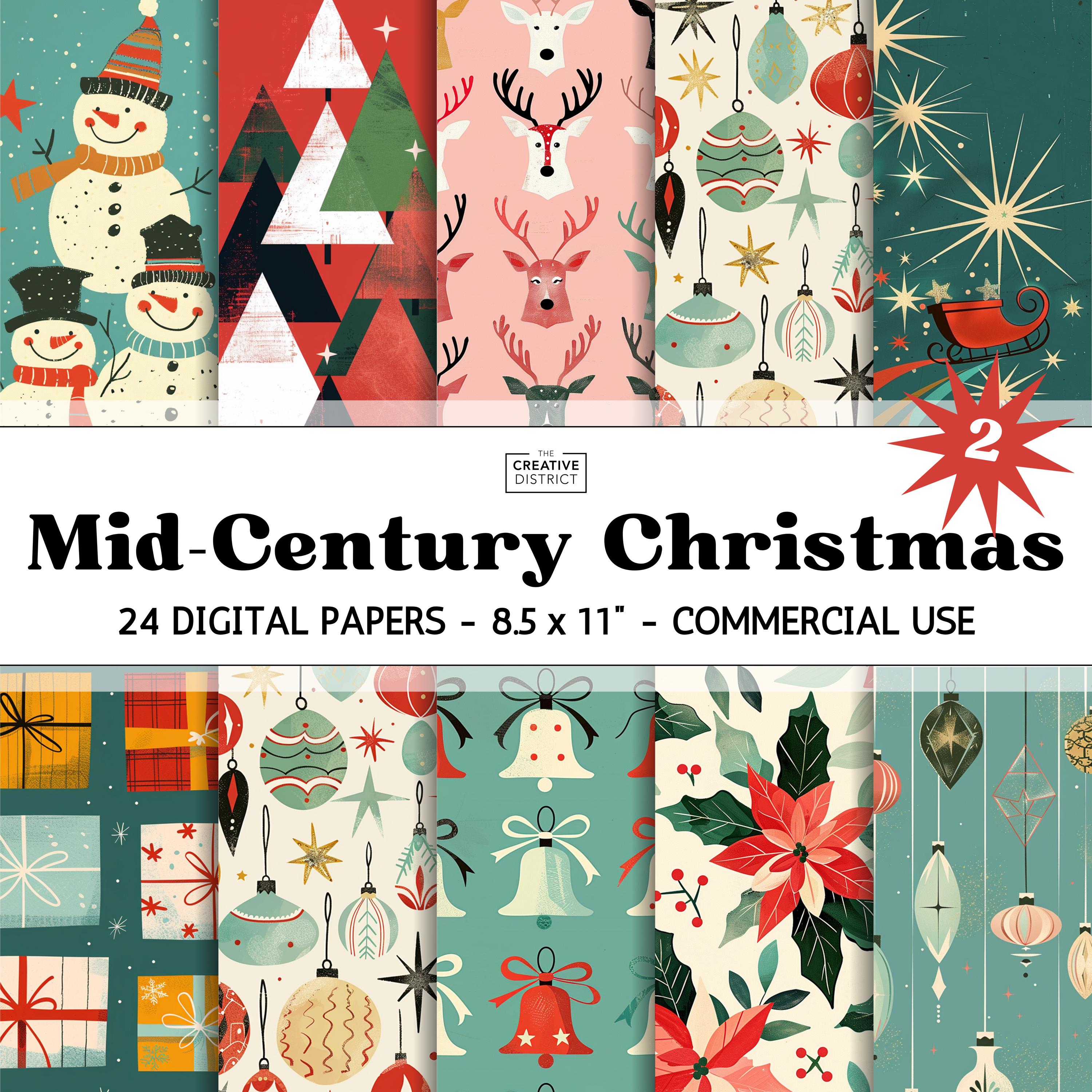 Mid-century Christmas Digital Paper, Retro 1950s Holiday Papers