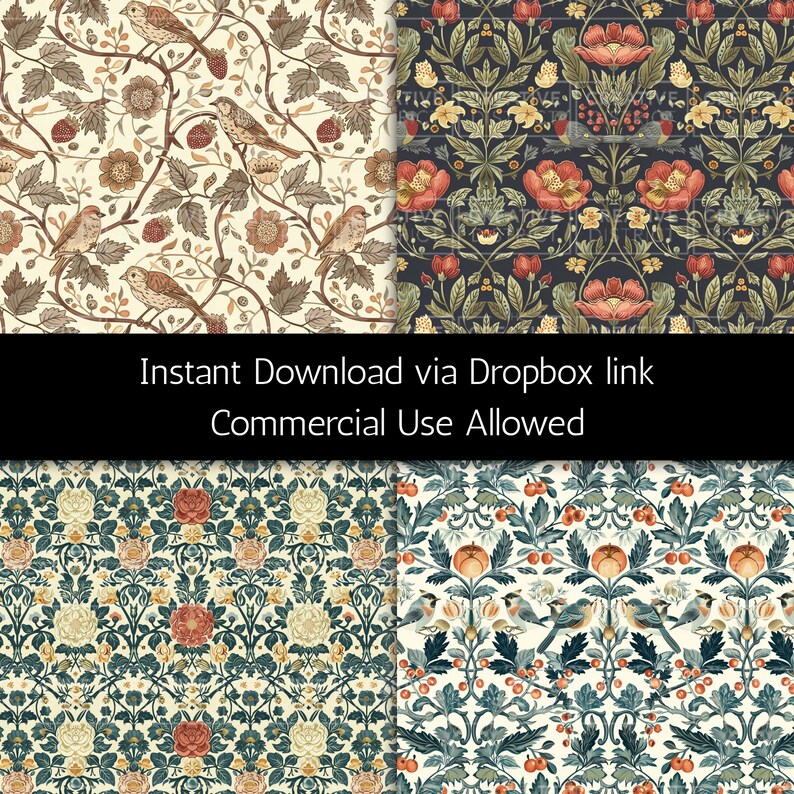 Floral Birds Garden Art Seamless Pattern Arts Crafts Style Vintage ...
